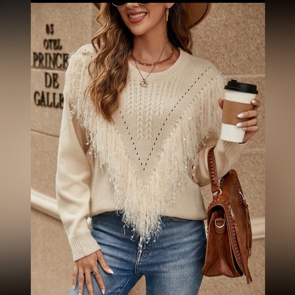 Zara Sweaters - Crew neck ivory sweater with fringe and beadwork, Zara, 12/XL, NWOT